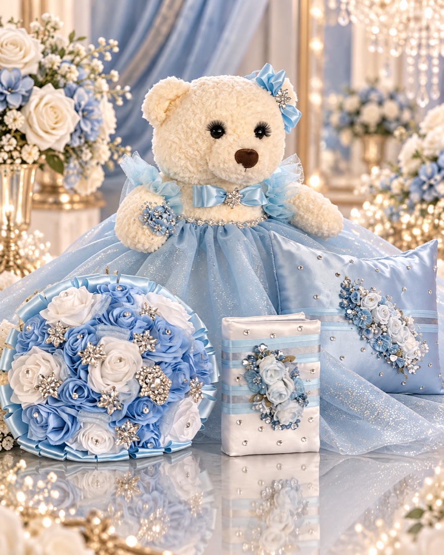 Handmade light blue quinceañera set: teddy bear in a tulle gown, rose bouquet, personalized Bible and pillow