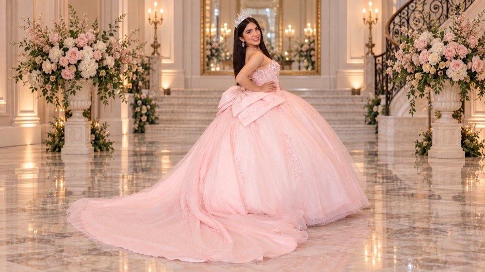 Quinceañera in a blush pink ball gown with a long train in a grand marble hall