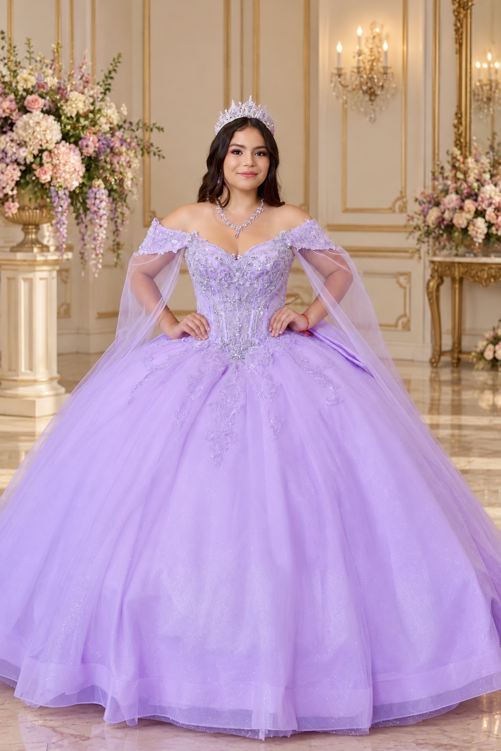 Quinceañera in a lavender off-the-shoulder gown with a sheer cape and crown