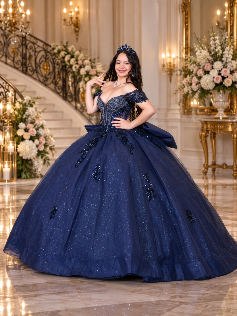 Smiling quinceañera in a sparkling navy ball gown and crown beside a grand staircase