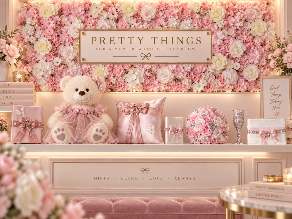 Blush pink quinceañera accessories: teddy bear in a tulle dress, satin pillow, gift boxes, rose bouquet and toasting glass
