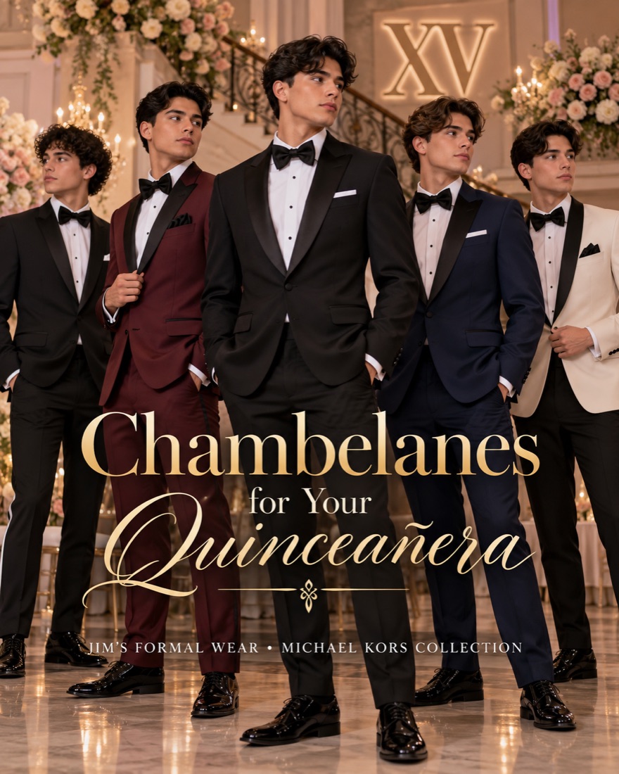 Five chambelanes in black, burgundy, navy and ivory tuxedos with the words Chambelanes for Your Quinceañera